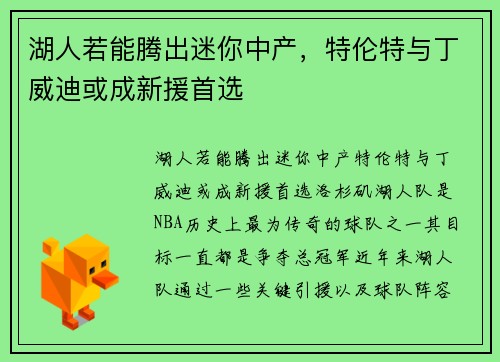 湖人若能腾出迷你中产，特伦特与丁威迪或成新援首选