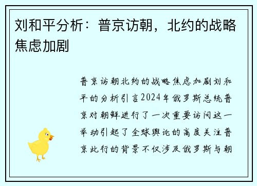 刘和平分析：普京访朝，北约的战略焦虑加剧