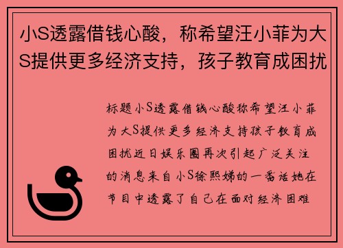小S透露借钱心酸，称希望汪小菲为大S提供更多经济支持，孩子教育成困扰