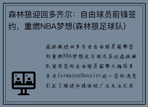 森林狼迎回多齐尔：自由球员前锋签约，重燃NBA梦想(森林狼足球队)