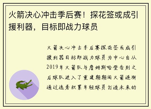 火箭决心冲击季后赛！探花签或成引援利器，目标即战力球员